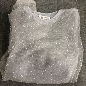 Zara Silver Sequin Crew Neck Sweater